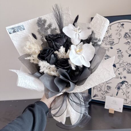 Moody black rose arrangement with bunny tails birthday anniversary gift Klang Valley