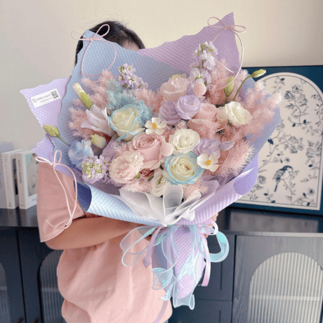 Pink white rose matthiola hand bouquet gift Seven Florist Puchong