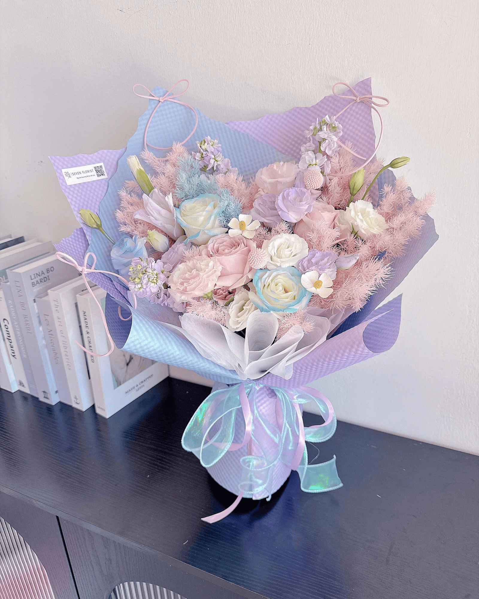 seven-florist-celestial-mist-hand-bouquet-02.jpg Celestial Mist matthiola eustoma gladiolus bouquet birthday anniversary Seven Florist