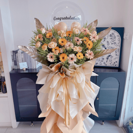 Champagne rose gerbera congratulations flower stand Seven Florist Puchong grand opening gift