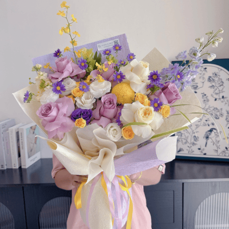 Purple rose and delphinium hand bouquet Chroma Dusk Seven Florist Puchong