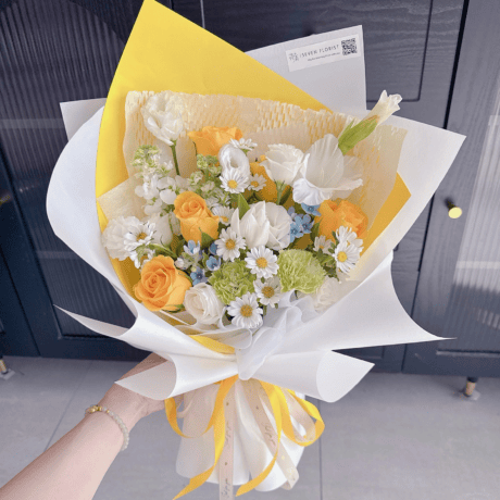 Yellow rose white tulip hand bouquet Seven Florist birthday gift