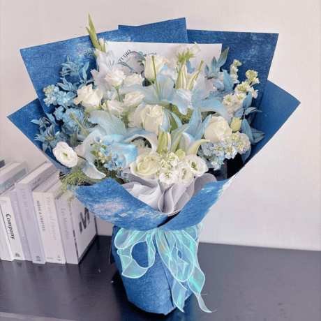 Blue-sprayed gladiolus white eustoma bouquet birthday gift Seven Florist