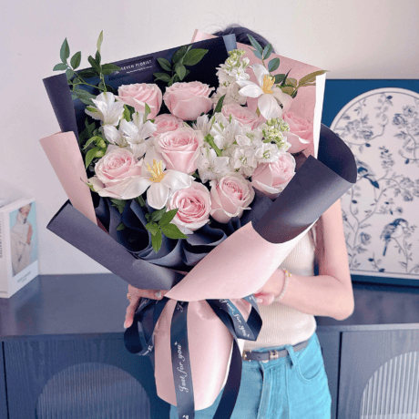 Pink rose hand bouquet with white tulips and matthiola, Seven Florist Puchong