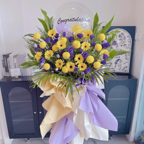 Yellow gerbera purple eustoma congratulations flower stand Seven Florist Puchong