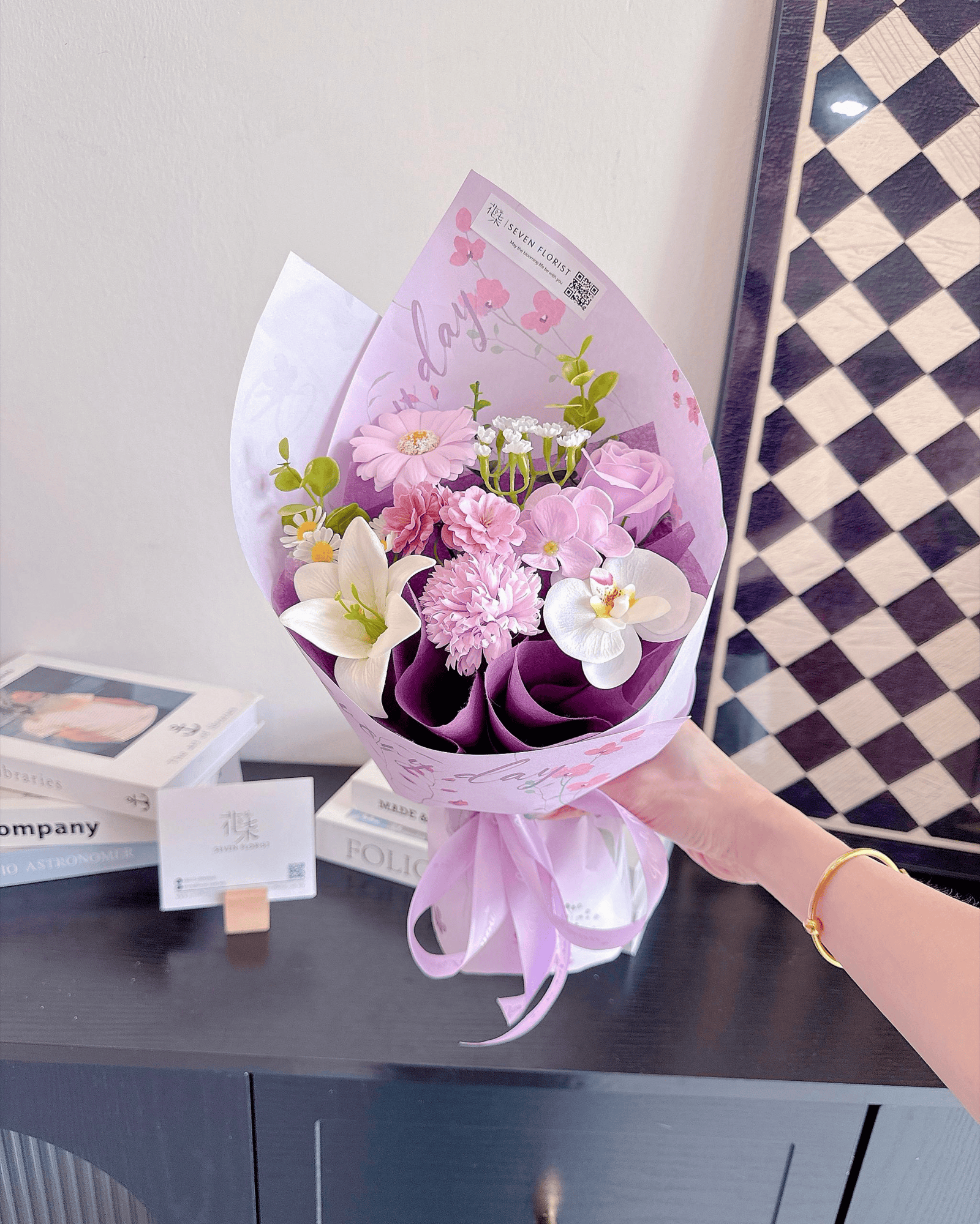 seven-florist-meet-you-everyday-soap-flower-03.jpg Purple soap flower bouquet with artificial flowers keepsake gift Seven Florist