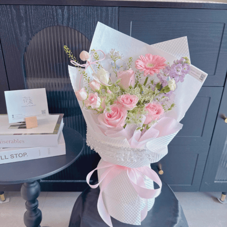 Misty Arietta pastel bouquet with gerbera and delphinium, same-day delivery Puchong
