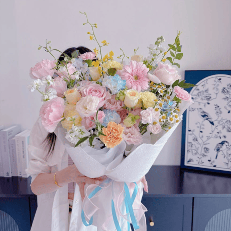 Pastel Meadow rose carnation gerbera hand bouquet birthday gift Seven Florist