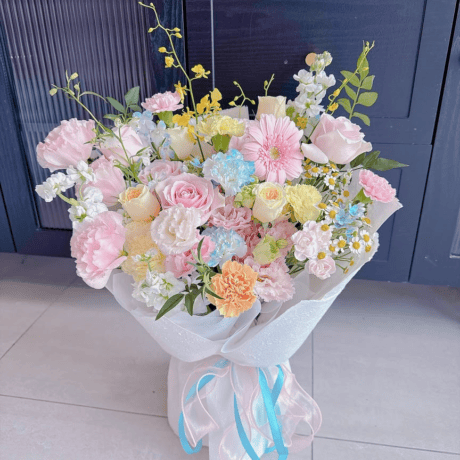 Pink mixed flower hand bouquet with eustoma and orchid for anniversary Puchong